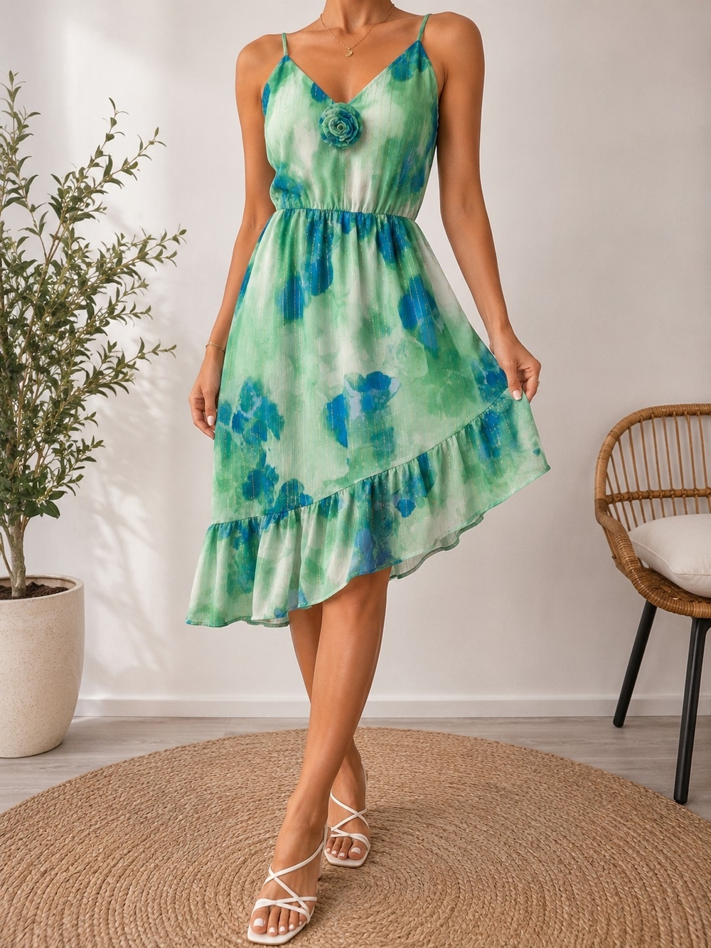 Floral Green & Blue V-Neck Summer Dress